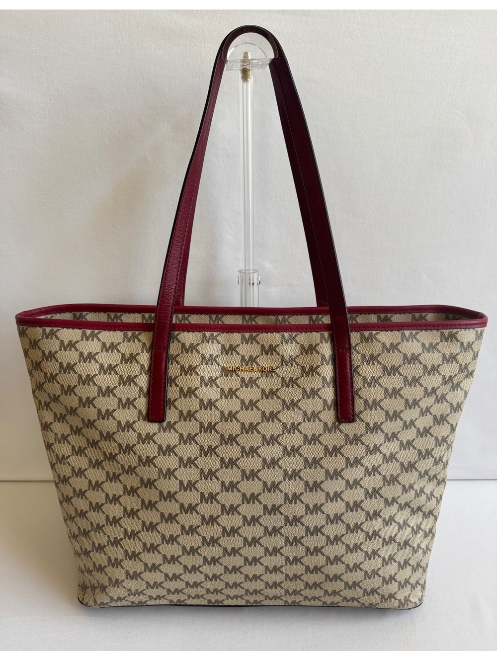 Michael Kors Signature Tote Bag Brown Beige Red Leather Trim Gold Hardware